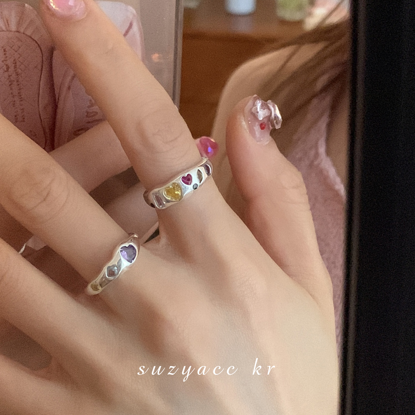 Suzyacc Kr 925银合成锆石戒指 ins彩色水钻爱心纯银戒指J0588
