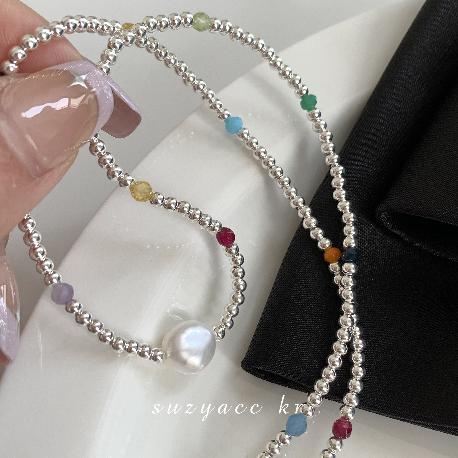 Suzyacc Kr 坠链均925银 百搭气质纯银彩色串珠项链锁骨链DX0019