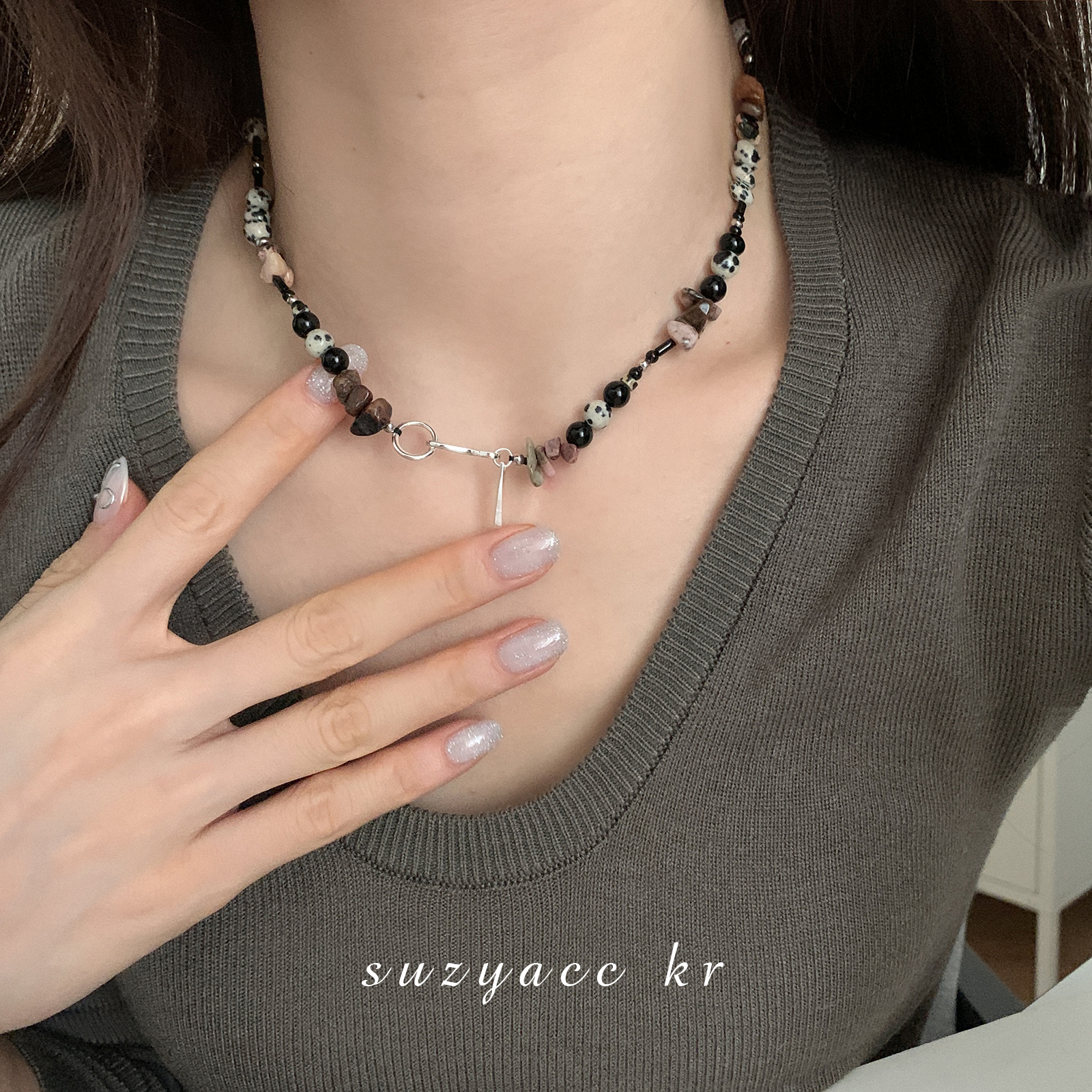 Suzyacc Kr 吊坠925银 小众设计感串珠纯银项链X0866