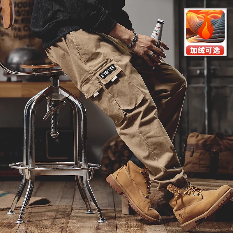 男士工装裤秋冬新款2023新款潮牌宽松束脚加绒加厚运动休闲长裤子