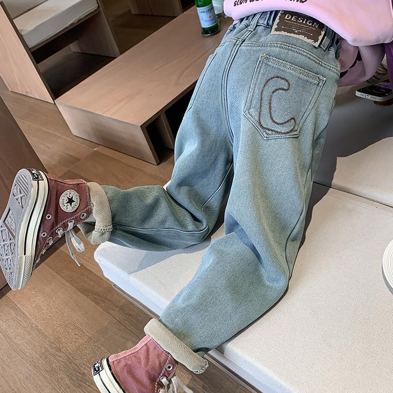 女童冬装加绒牛仔裤2023新款洋气儿童秋冬款加厚裤子小女孩休闲裤