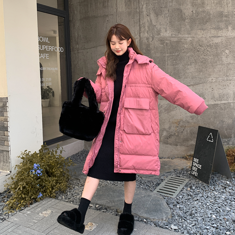 冬季新款韩版宽松白鸭绒长款羽绒服时尚休闲连帽保暖过膝哇哦套