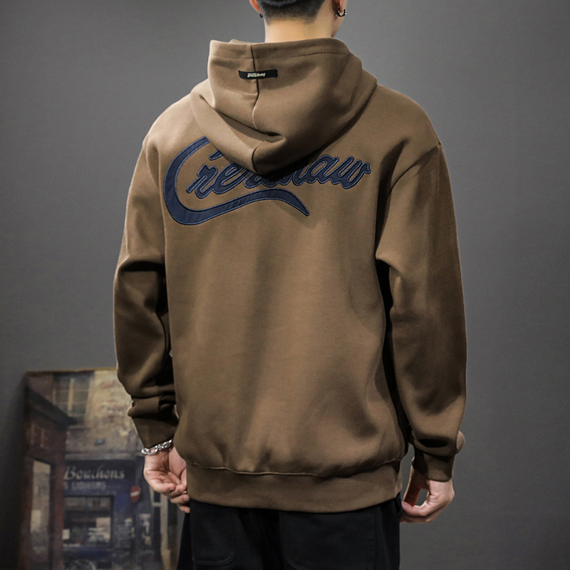 秋冬潮牌重磅复古男士连帽卫裤厚棉T宽松大码ins刺绣套头加绒外套