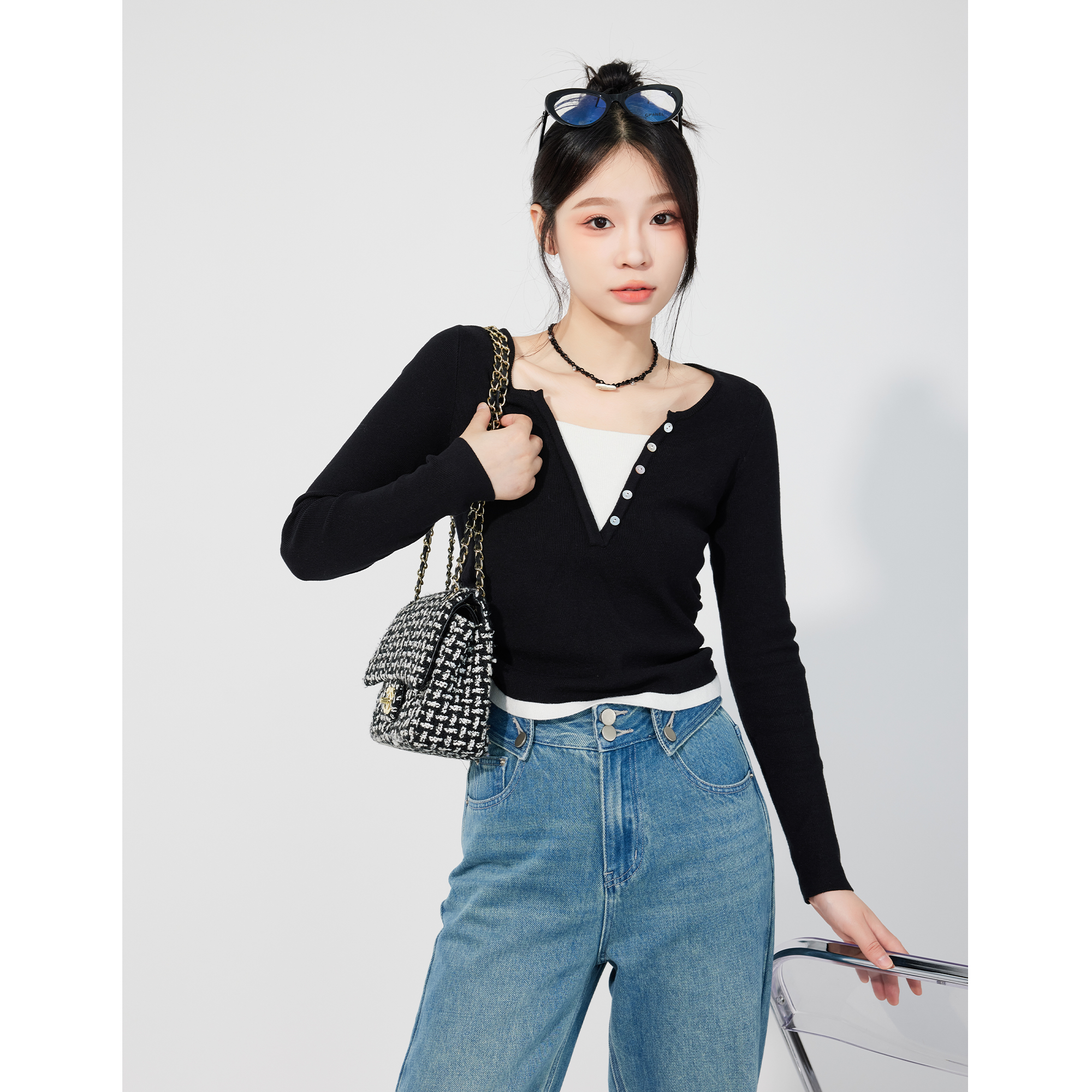 君君清仓专场【周末小调】假两件拼接针织衫女秋长袖打底衫