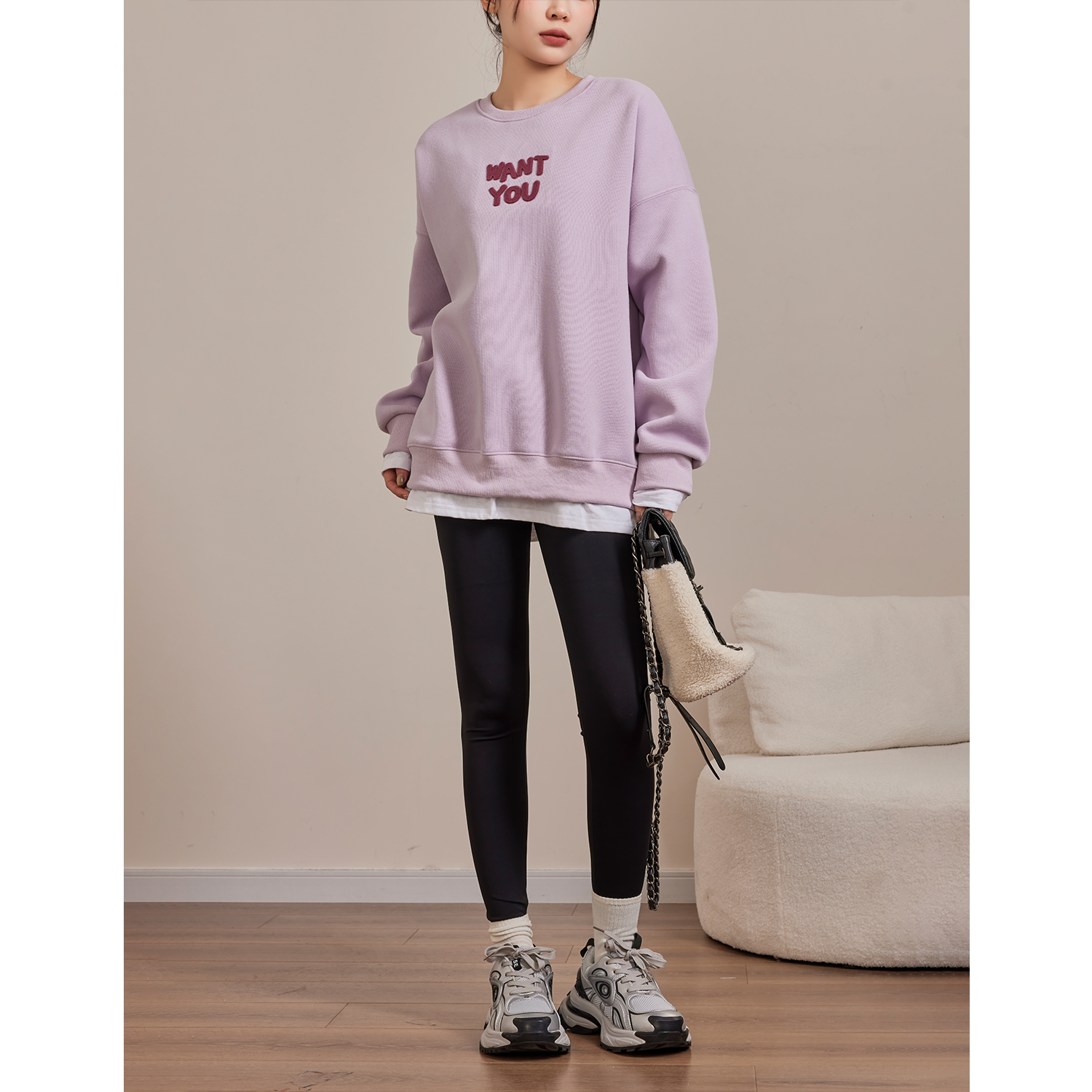 JUNJUN【甜筒冰淇淋】简约宽松假两件卫衣女秋冬字母印花长袖上衣