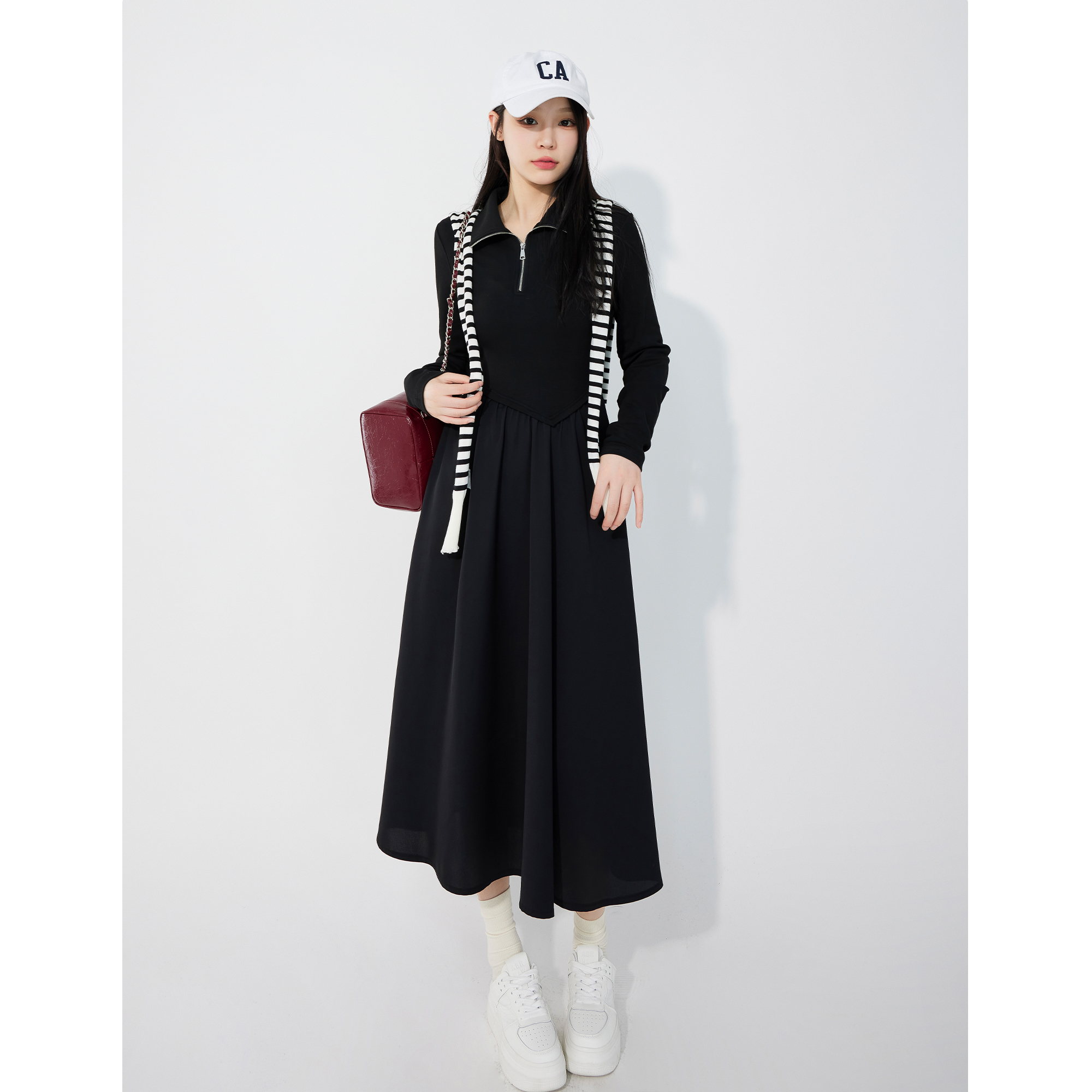 JUNJUN【绝瘦玩家】法式黑色针织衫气质连衣裙秋新款显瘦中长款裙子