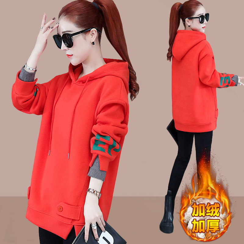 加绒加厚卫衣女宽松韩版秋冬季2023新款时尚开叉连帽上衣长袖外套