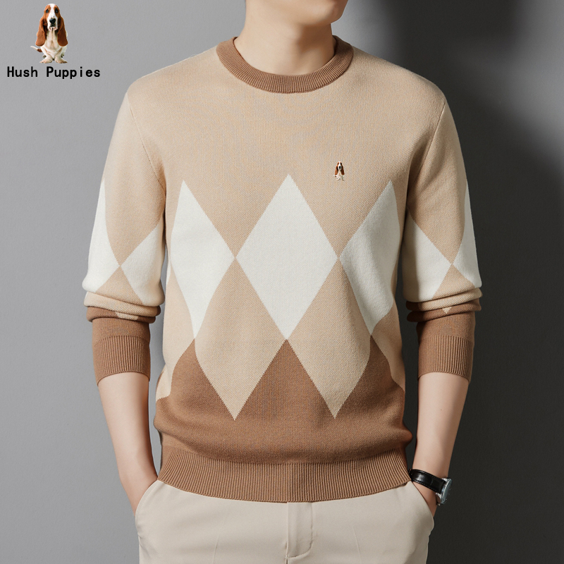 暇步士秋冬新款卫衣男圆领长袖针织衫男撞色菱形格套头保暖毛衣