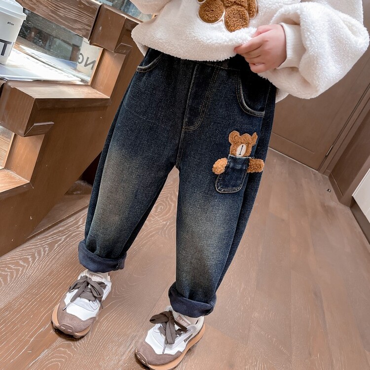 女童牛仔裤一体绒秋冬老爹裤女宝宝秋冬小童薄绒加绒哈伦萝卜裤潮