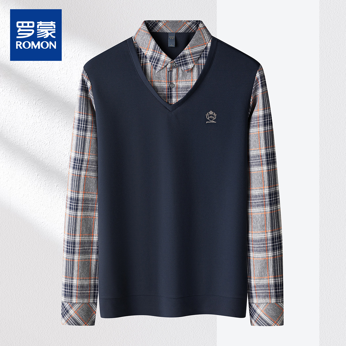 【假两件】罗蒙精美烫花男士假两件舒适针织衫男休闲14LP37790