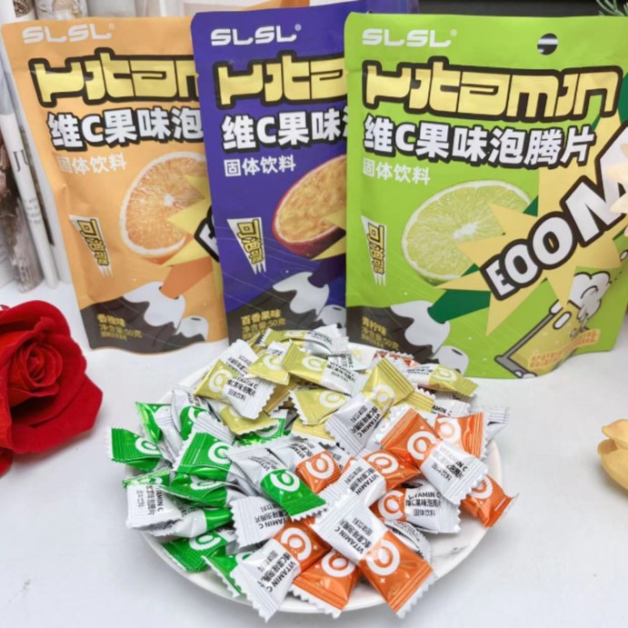 维C果味泡腾片香橙味青柠味百香果味可泡可吃固体固体饮料