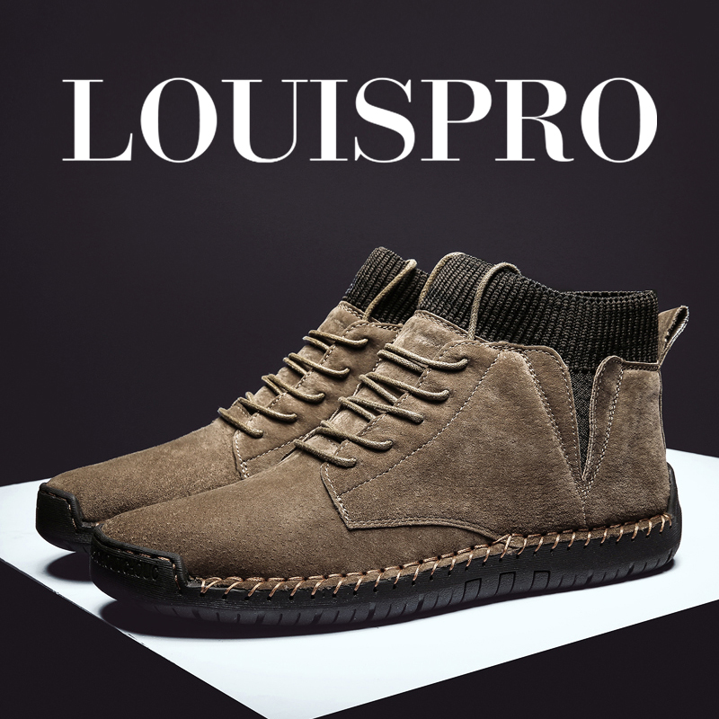 LOUISPRO 秋冬新款大码手工缝制加绒男靴品质休闲男鞋时尚百搭鞋