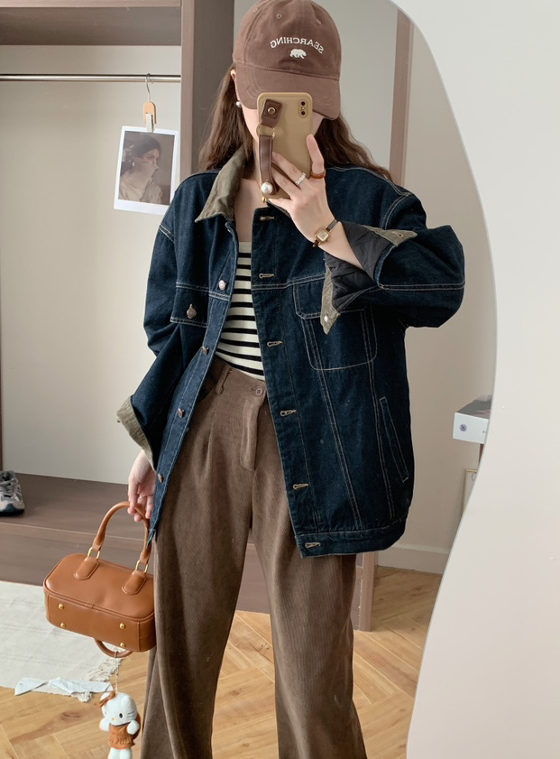 【遇见铃兰】韩版宽松时尚中长款复古加棉保暖牛仔外套-196