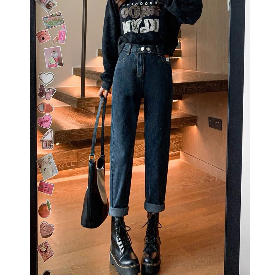 胖mm哈伦老爹牛仔裤女秋季2023年新款高腰宽松直筒复古百搭萝卜裤