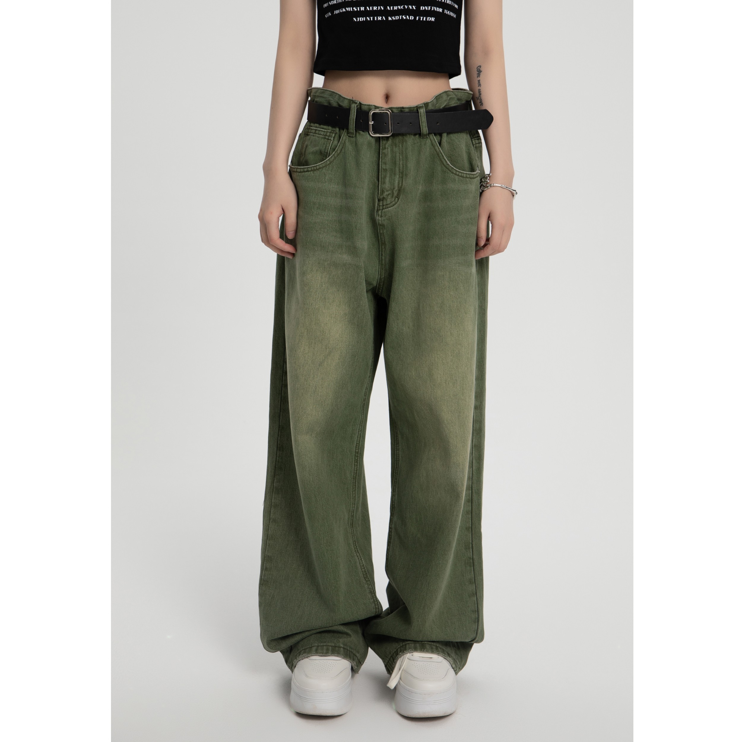 原创设计美式复古做旧vintage宽松直筒阔腿渐变绿色牛仔裤女