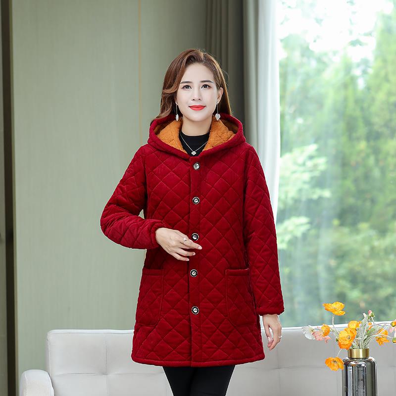 中年女装秋冬季中长款加绒保暖棉袄金丝绒棉服宽松棉衣外套妈妈装