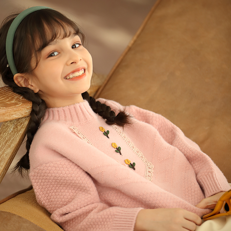 韩版女童2023秋冬季新款花朵刺绣中大童小清新洋气百搭套头毛衣潮