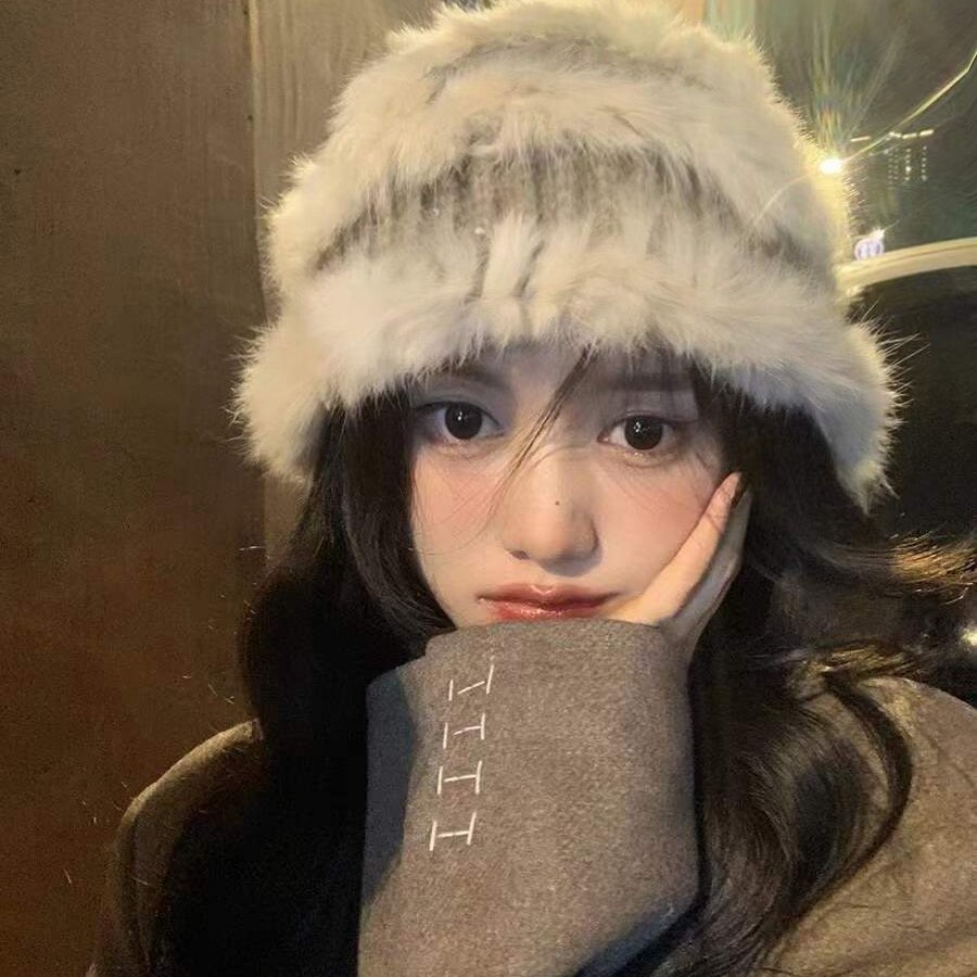 兔毛针织毛绒渔夫帽秋冬毛茸茸大头围可爱显脸小保暖醒狮毛线帽女