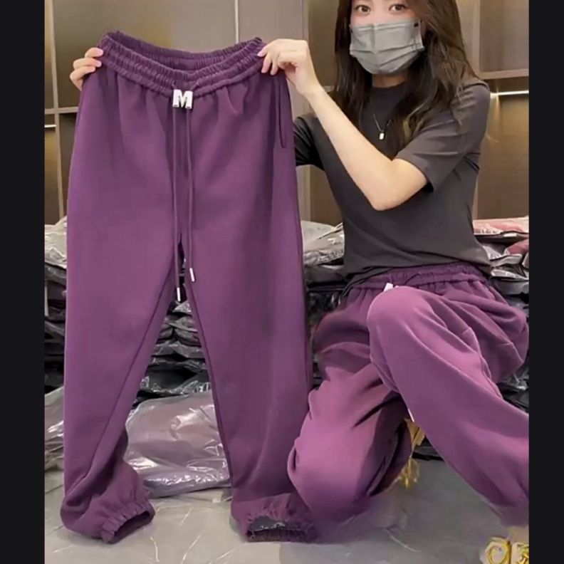 韩版棉质金属重工卫裤女秋冬款美拉德网红穿搭紫色裤子女宽松百搭