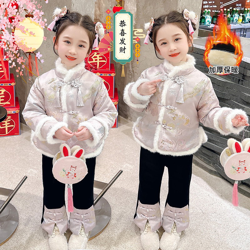 高端女童唐装加厚套装汉服儿童中国风新年拜年服宝宝加绒周岁礼服