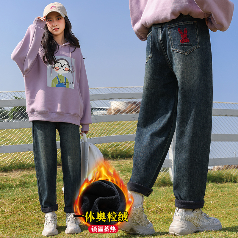 女童加绒裤子一体绒2023新款外穿牛仔裤中大童秋冬款儿童加厚冬季