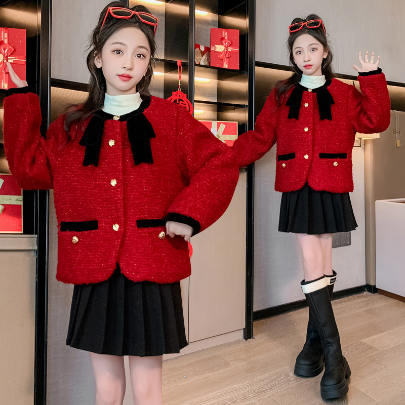 女大童新款洋气红色呢大衣外套甜美小女孩水貂绒蝴蝶结小香风上衣