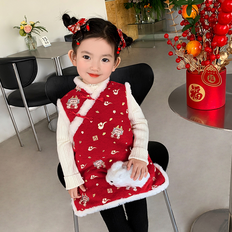 拜年服女童马甲冬季汉服周岁礼服宝宝唐装旗袍裙子儿童喜庆过年服