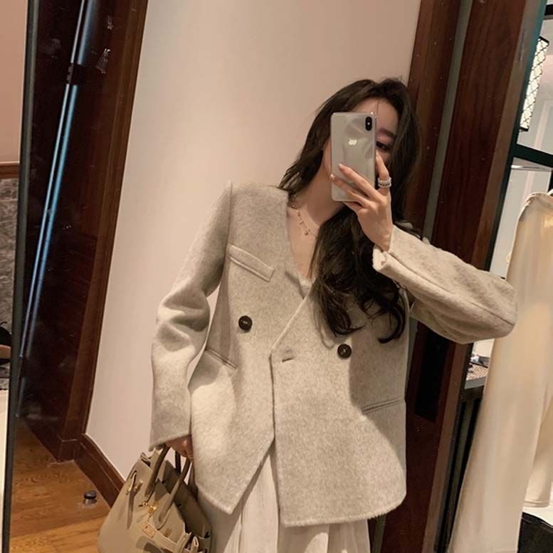 韩系小西装双面羊绒大衣女轻奢羊毛呢外套V领正肩2023秋冬季新款
