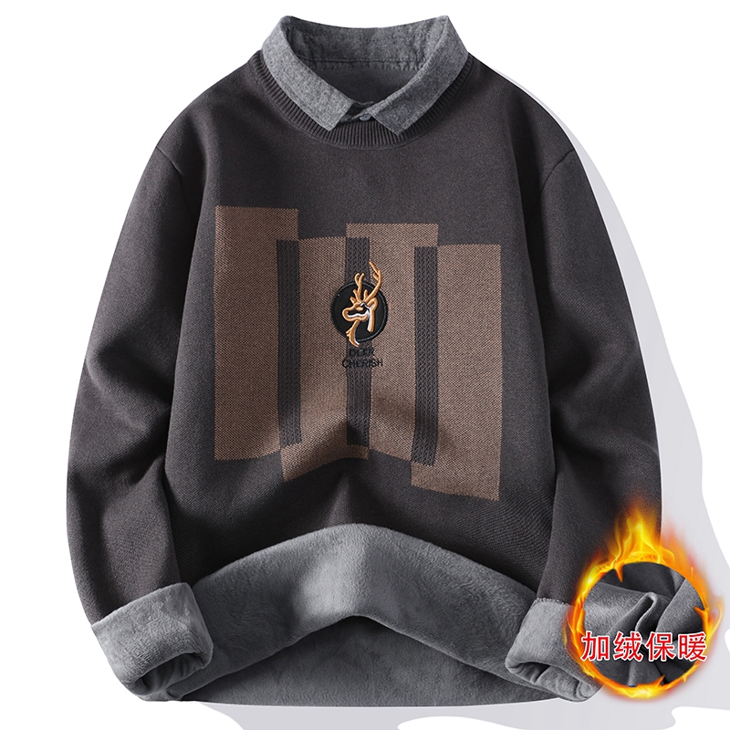 假两件衬衫领针织衫男2023新款宽松保暖毛衣男冬季加绒加厚打底衫