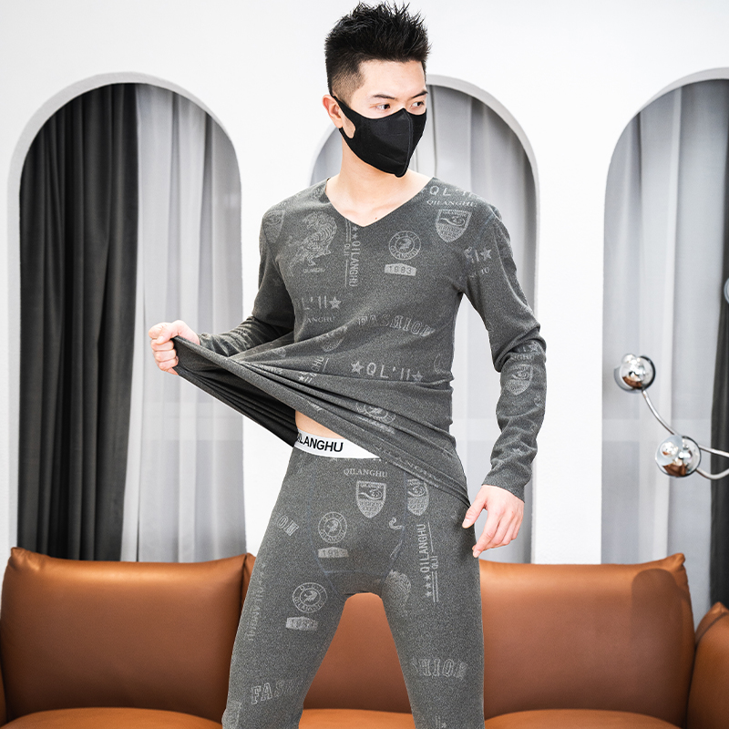 男士秋冬季双面绒保暖内衣压花套装长袖打底衫德绒秋衣裤秋裤无痕