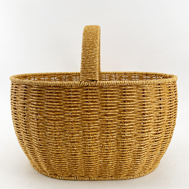 H1浅咖旦形单提手简约郊游篮子纯手工编织特大号37*27*20
