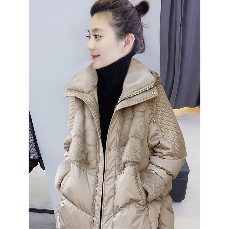 韩版杏色毛领中长款棉服2023年秋冬季新款时尚百搭拼接加厚外套女