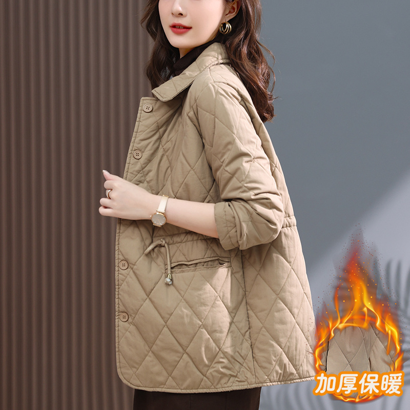 复古宽松菱格夹棉短款外套女2023秋冬新款中年妈妈小个子轻薄棉衣