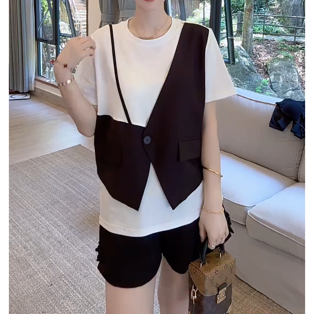 假两件拼接设计感中长款t恤个性气质夏季时尚简约休闲百搭上衣