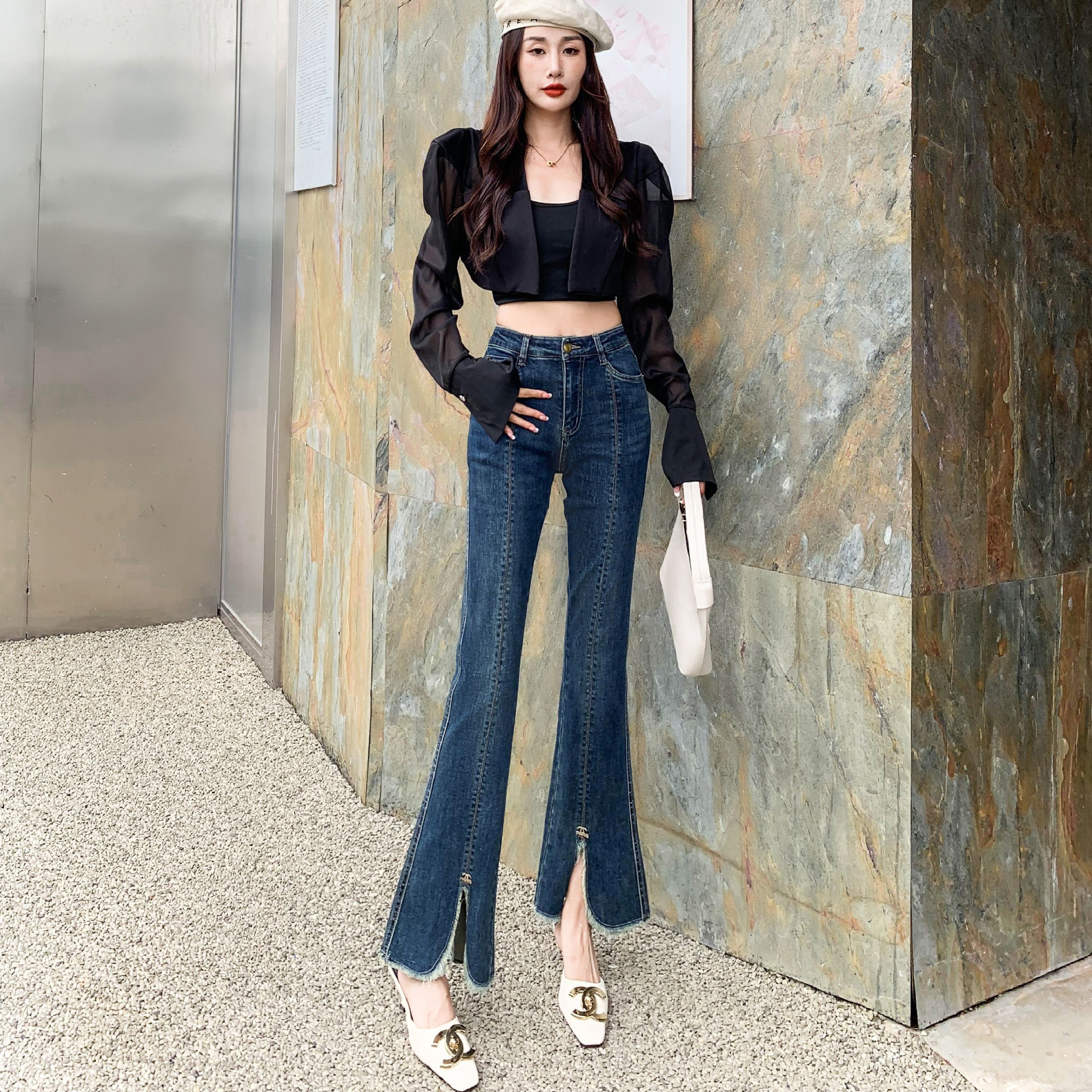 【女人专庭】2023秋款小个子中高腰显瘦时尚百搭微喇牛仔裤YBXS9651