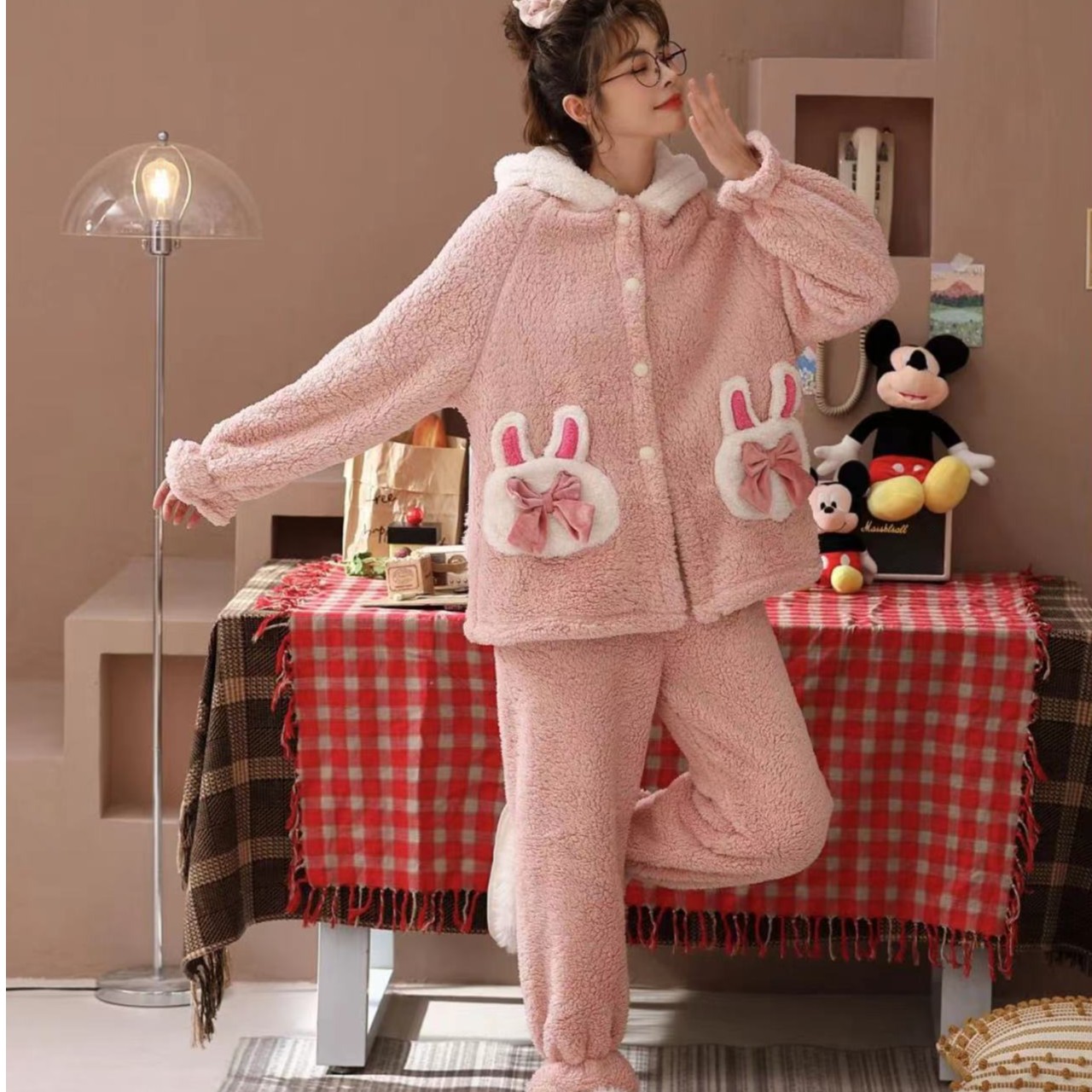 长耳兔加厚版珊瑚绒舒棉绒卡通保暖睡衣套装家居服连帽
