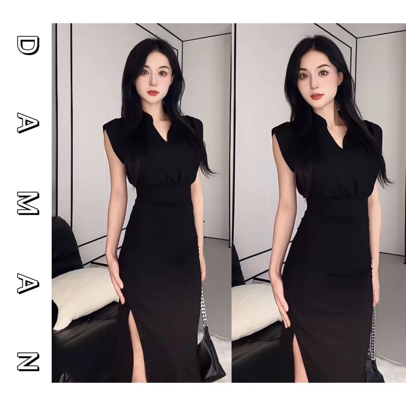 DM【高端局】夏季新款赫本风V领无袖黑色显瘦气质开叉收腰连衣裙女