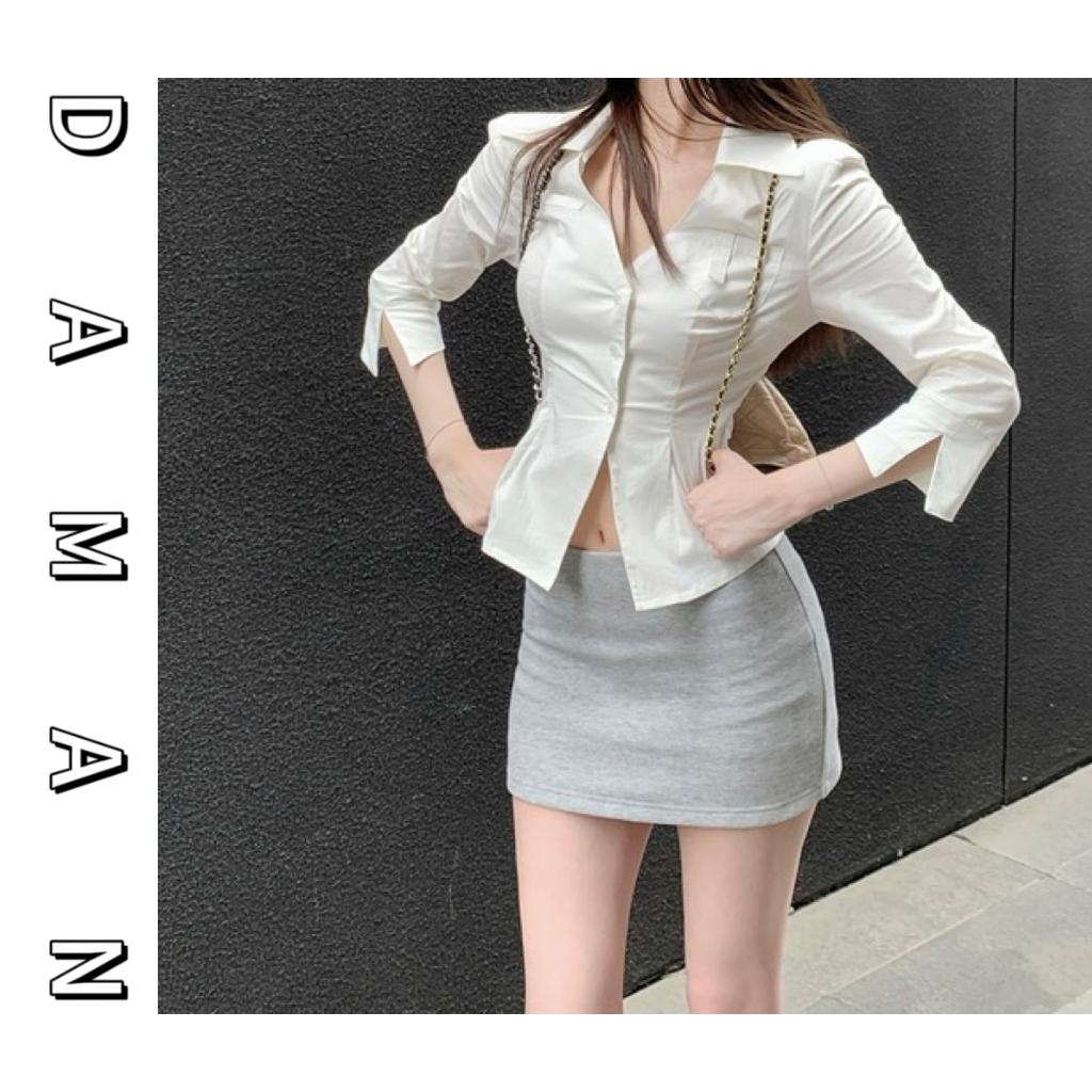 DM【一封情书】很掐腰线 白色七分袖白衬衫+美臀救星半身短裙两件套