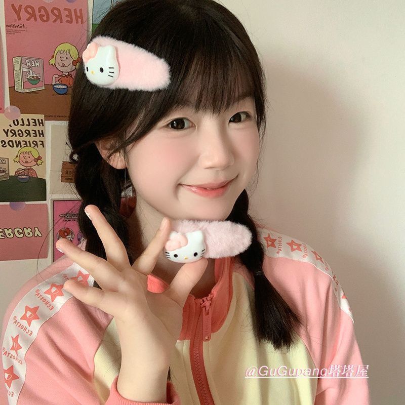 可爱粉色毛绒hellokitty鸭嘴夹大号日系少女kT猫卡通发饰侧边发夹