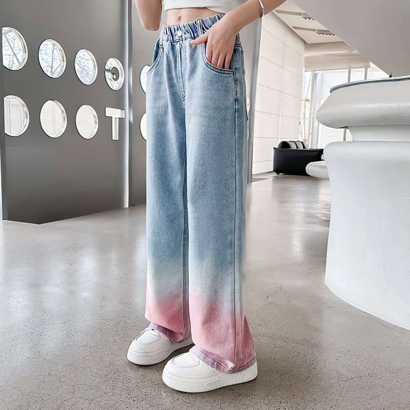 儿童牛仔裤夏季薄款大童渐变色裤子女孩阔腿裤女童直筒休闲宽松潮