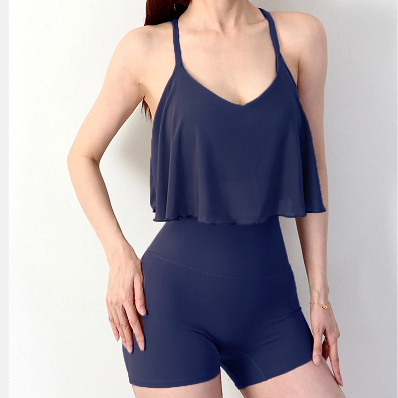 707套装一体式运动背心女荷叶边细肩带背心上衣健身瑜伽服上衣