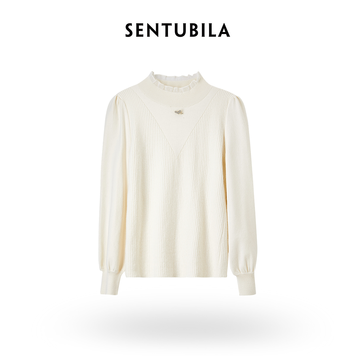 尚都比拉|唯美荷叶花边高领配嵌钻爱心胸针毛衣针织衫上衣-47132