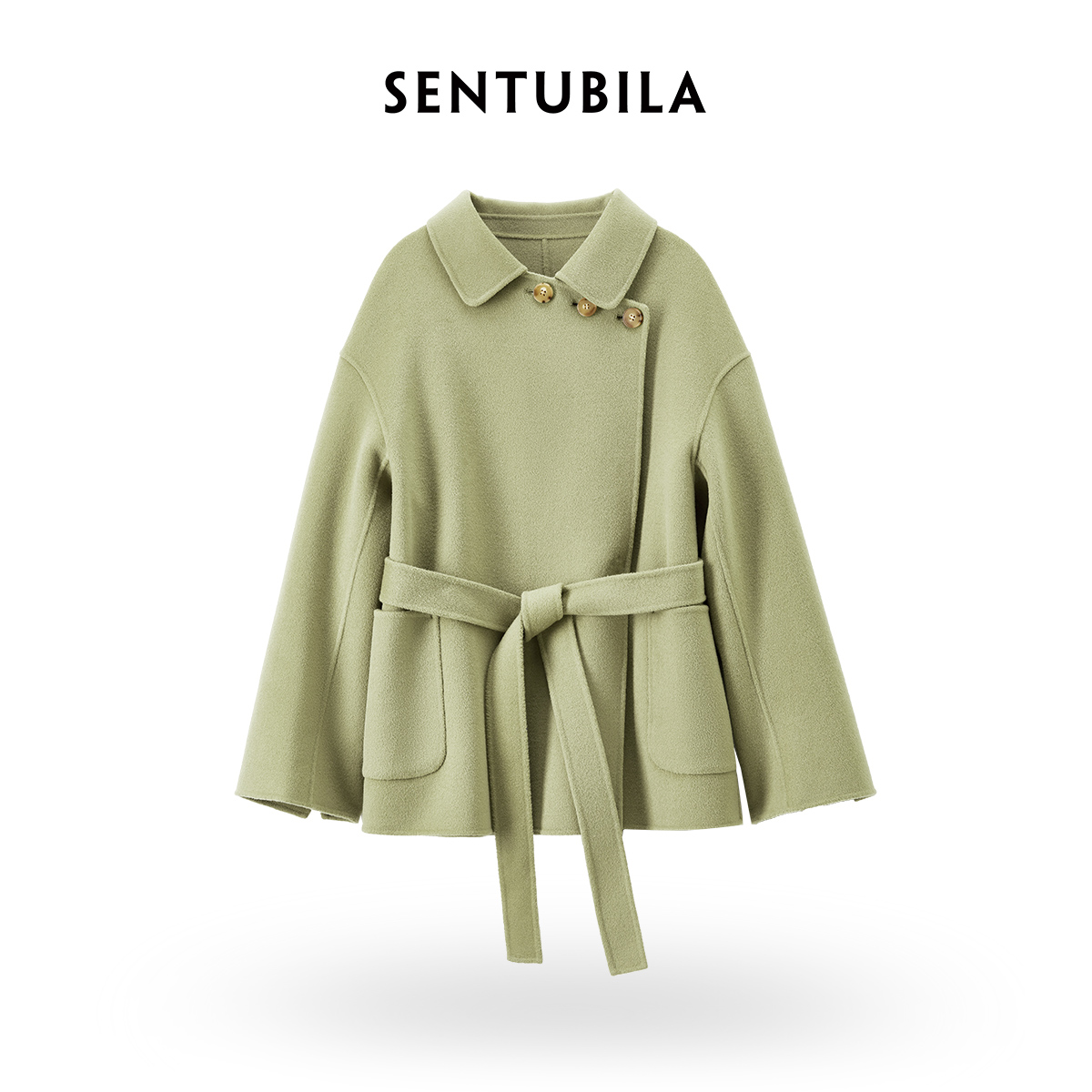 尚都比拉|全羊毛翻领气质温柔知性干练通勤腰带双面呢外套-42048