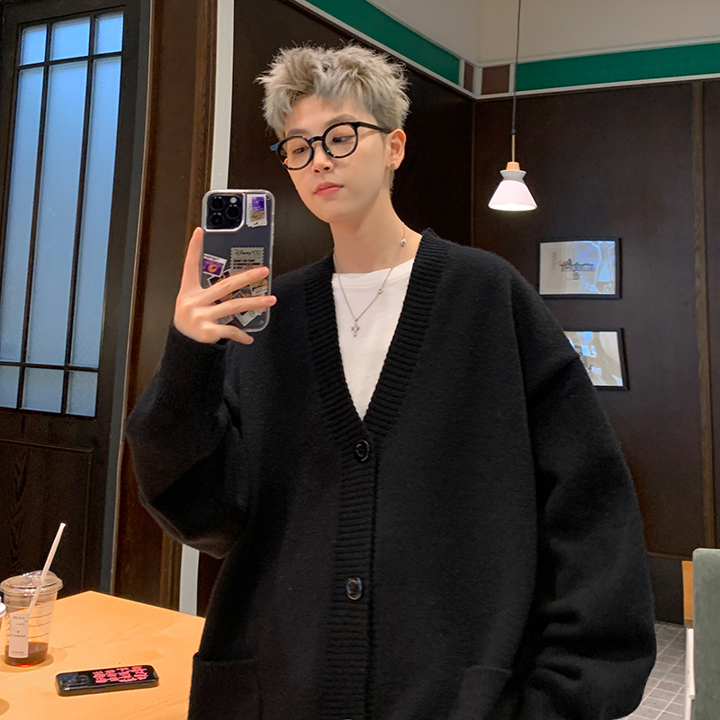 美式V领宽松休闲毛衣男士开衫秋冬季潮流牌针织衫慵懒风百搭外套