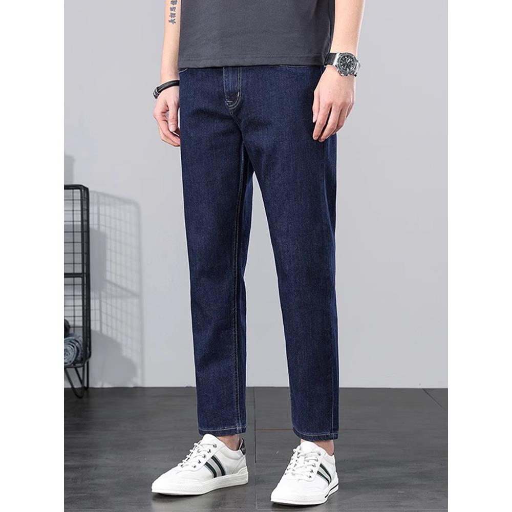 高档时尚秋冬款深蓝色九分牛仔裤男宽松直筒加绒加厚弹力百搭9分q