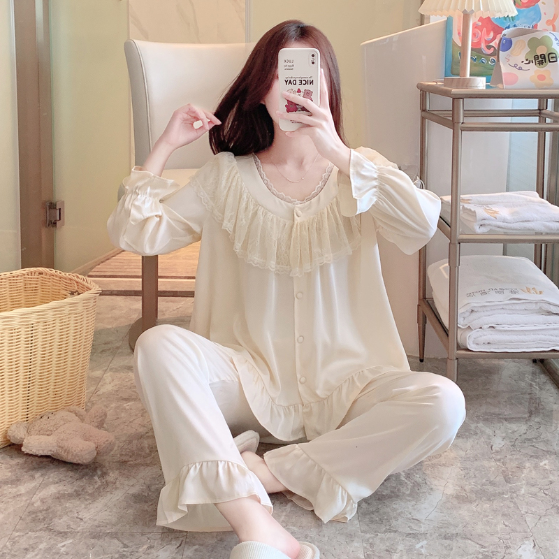 睡衣女春秋冰丝甜美可爱公主宫廷风大码家居服可外穿长袖长裤套装