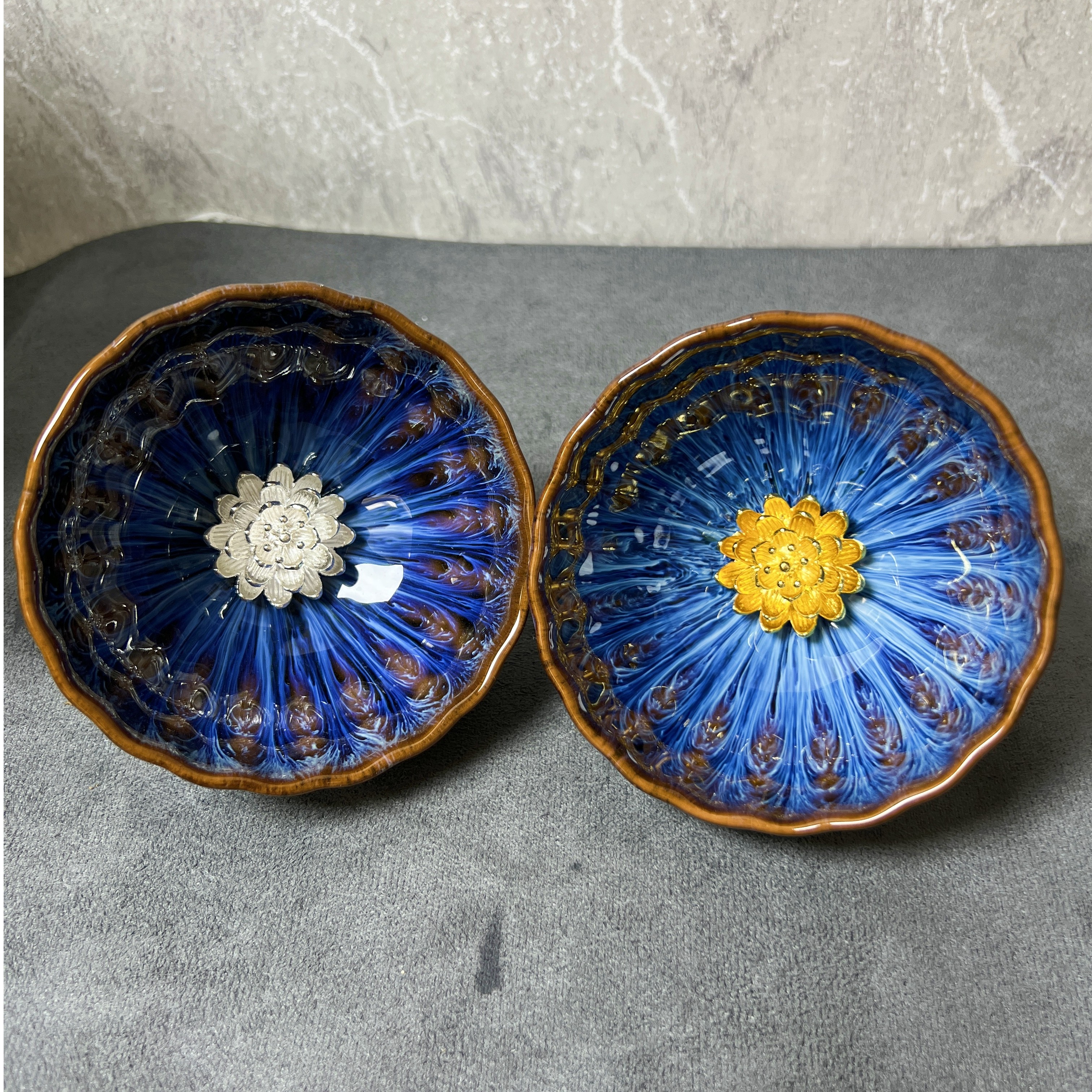 建盏品茗杯回蓝窑变金银莲花对杯高端主人功夫杯回流瓷器盏杯建盏
