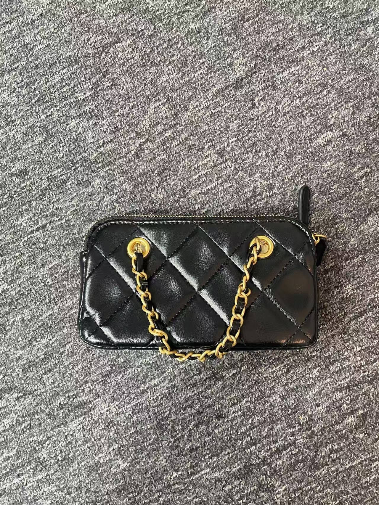 LQ-WITH-QUEEN真皮女包小手提菱格金小包0241黑色