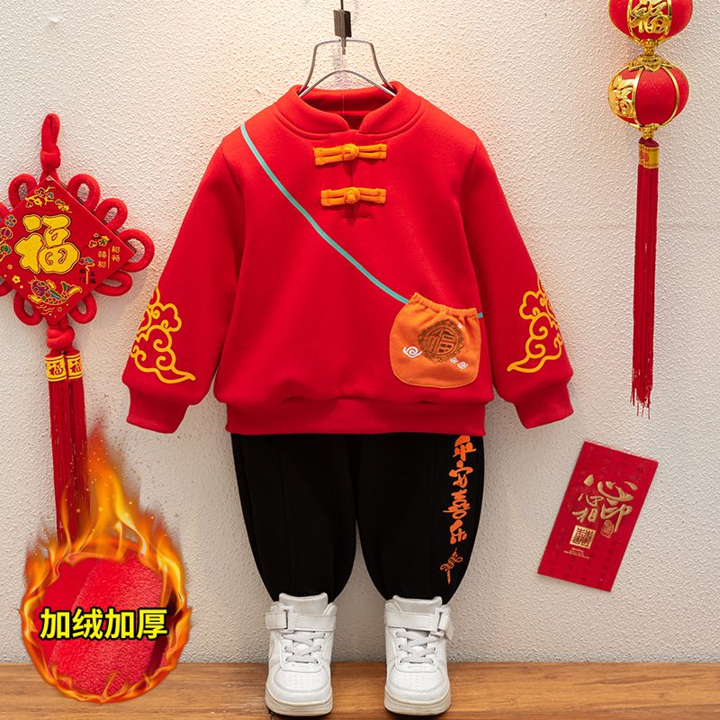 童装红色新年服套装2024冬季儿童男女加绒爆款卫衣喜庆龙年两件套