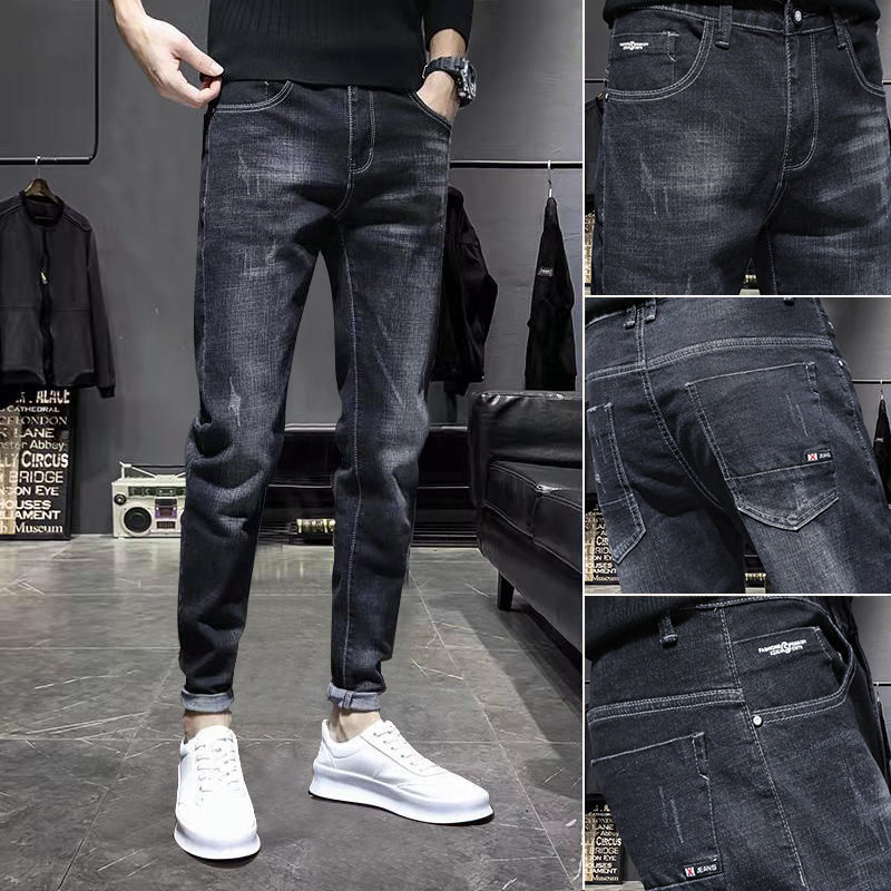 2023春秋季新款弹力黑色牛仔裤子男韩版潮流修身休闲小脚裤男百搭